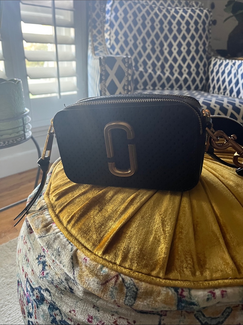 Marc Jacobs Black Perforated Leather Snapshot Crossbody with Gold Hardware